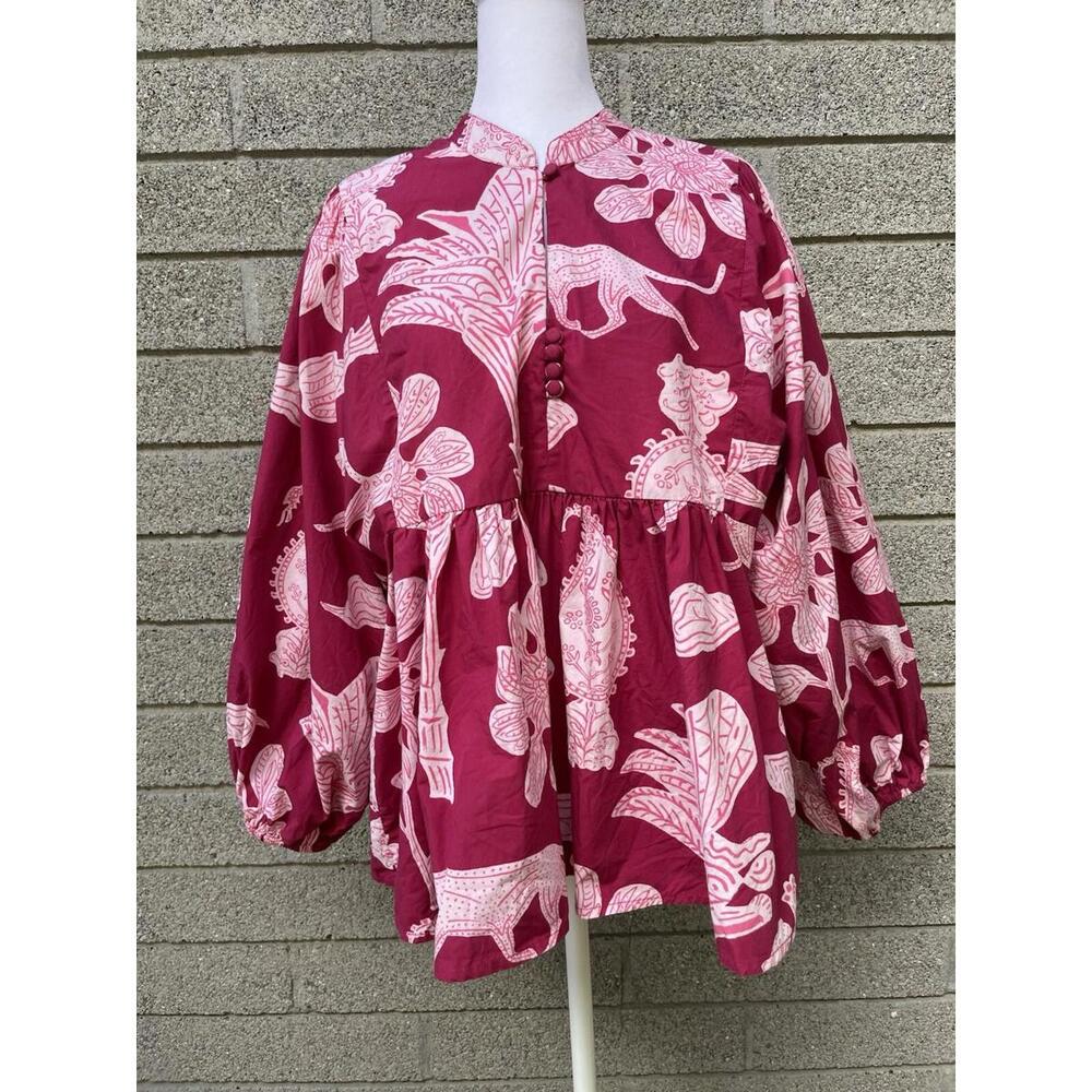 Oliphant Blouse Animal Floral Print High Neck Blouse Size L Pink Gorgeous Art